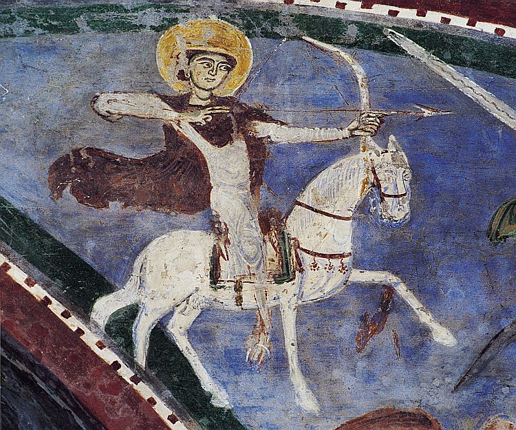 Cattedrale di Anagni, Particolare della parete a destar dell'abside: il primo cavaliere, Cristo, che insegue gli altri tre, vestito di bianco e con il mantello rosso dans immagini sacre 04_03_02