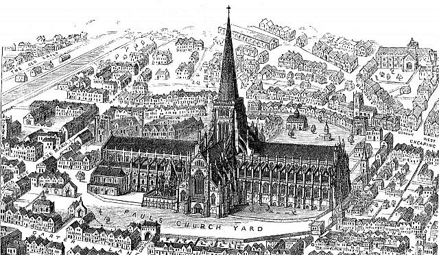 Immagine ipotetica della vecchia St Paul Cathedral di Londra, distrutta a partire da Enrico VIII (fondata nel 604 era anch'essa una abbazia). Disegno del 1913 che immagina lo stato al 1561