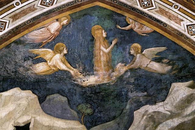 Giotto, Maddalena elevata ogni giorno dalla Sainte Baume a pregare con gli angeli (aprire la foto per la spiegazione)