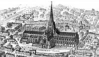 Immagine ipotetica della vecchia St Paul Cathedral di Londra, distrutta a partire da Enrico VIII (fondata nel 604 era anch'essa una abbazia). Disegno del 1913 che immagina lo stato al 1561