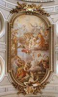 San Gregorio al Celio: soffitto (1727, Placido Costanzi e aiuti), la Gloria di San Romualdo e di San Gregorio ed il Trionfo della fede sull'eresia.