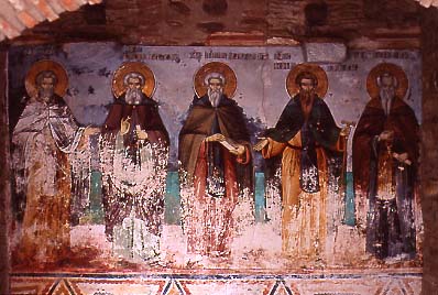 I santi dell'Athos, affrescati sulle mura esterne del Protàton
