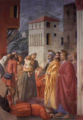 Masaccio, La distribuzione dei beni e la morte di Anania e Saffira