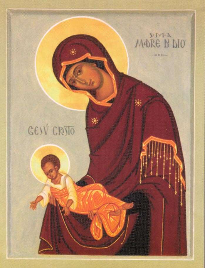 Icona della Madonna che offre il Bambino al mondo, dipinta da piccola sorella Marie-WEdith per la parrocchia di S. Melania in Roma