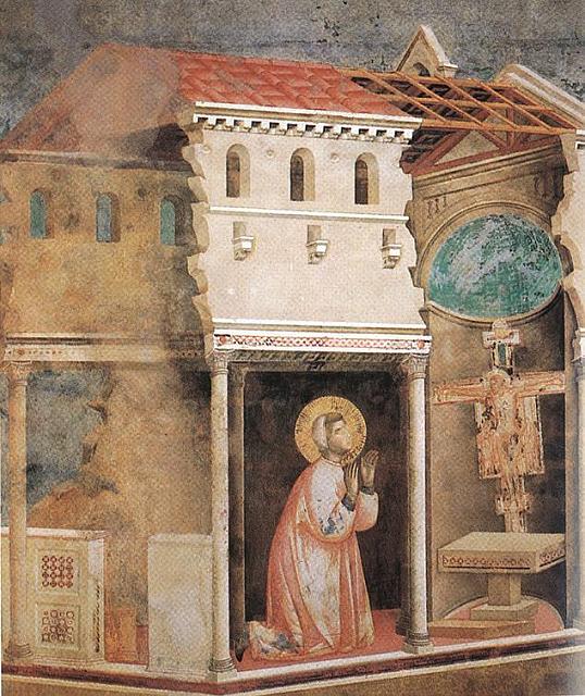 Francesco in preghiera dinanzi al crocifisso di San Damiano che gli parla