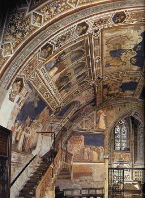 I tre affreschi del ciclo di Francesco nel transetto della basilica inferiore: Resurrezione del ragazzo caduto dal balcone