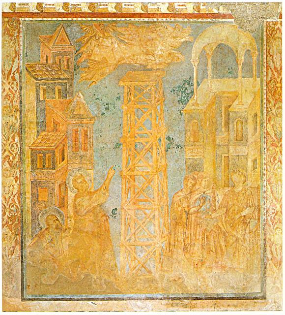 Cimabue, transetto destro, La caduta di Simon Mago in volo sul Foro Romano