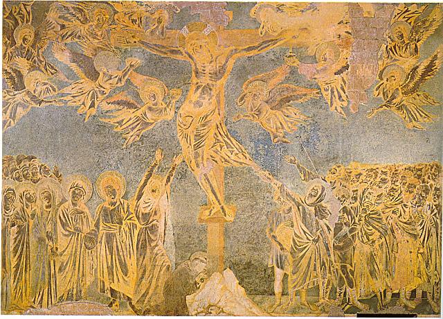 Cimabue, transetto sinistro, Gesù dalla croce affida Maria a Giovanni l'uno all'altra