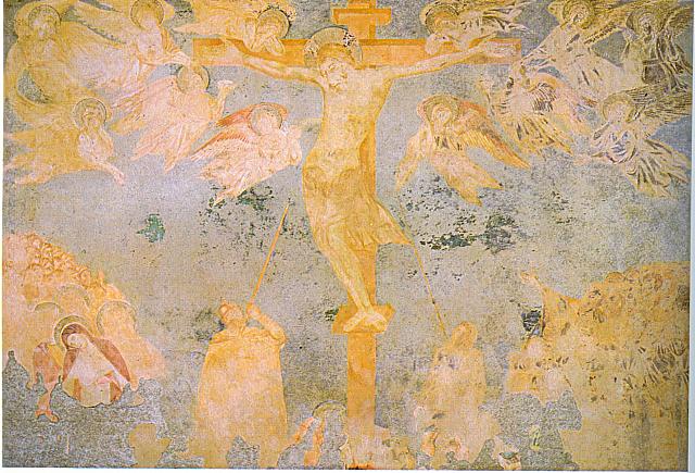 Cimabue, transetto destro, Il colpo di lancia nel costato di Gesù dal quale scendono sangue ed acqua