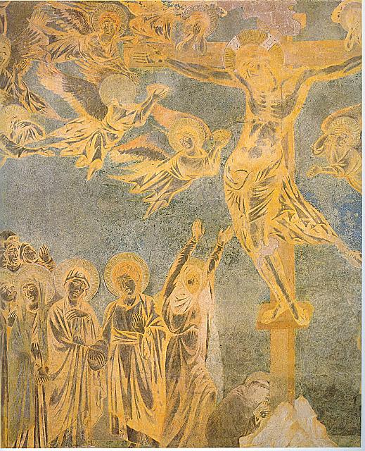 Cimabue, transetto sinistro, Gesù dalla croce affida Maria a Giovanni l'uno all'altra