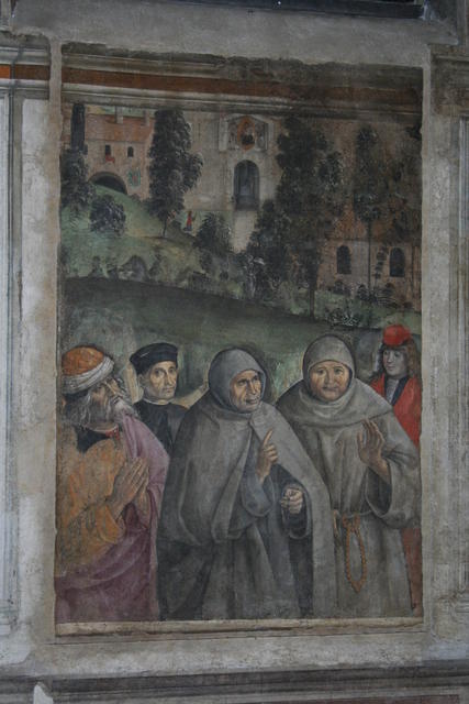 Pinturicchio, Figure di contemporanei e sullo sfondo Bernardino in preghiera davanti ad una porta di Siena