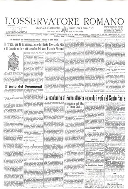 Il numero dell'Osservatore romano del 5/6 giugno 1944, il giorno dopo la liberazione