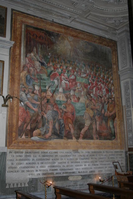 L'affresco di Galeazzo Leoncini (1640), con i sinodi romani del 324 e 325 e, sotto, tomba del beato Angelo Paoli