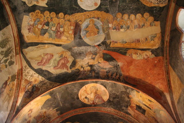 S.Salvatore in Chora, Parekklesion, il Cristo in trono ed, in basso, l'Etimasia con Adamo e Eva prostrati e le due sorti ai lati