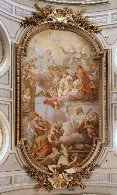 San Gregorio al Celio: soffitto (1727, Placido Costanzi e aiuti), la Gloria di San Romualdo e di San Gregorio ed il Trionfo della fede sull'eresia.