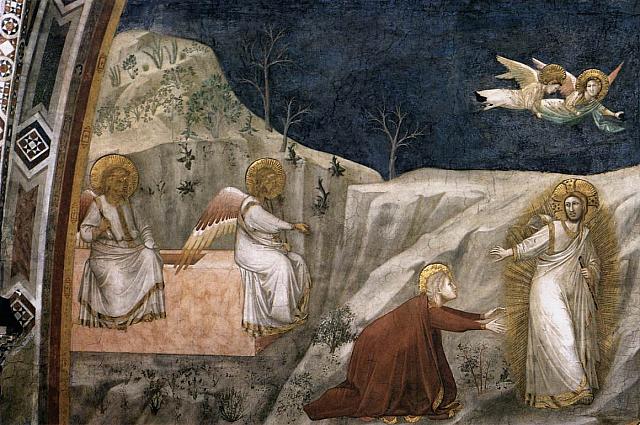Giotto, Assisi, Basilica Inferiore, Cappella della Maddalena, Noli me tangere (aprire la foto per la spiegazione)