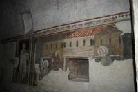 Assisi, S.Damiano, affresco con il buco attraverso il quale Francesco avrebbe gettato i soldi per ricostruire la chiesa