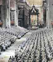 Foto di una sessione del Concilio Vaticano II svoltosi all'interno della basilca di San Pietro (1962-1965)