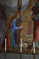 Mariotto Albertinelli, Crocifissione (1506); particolare con i teschi di Adamo ed Eva e la croce con uccellino