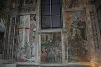 Pinturicchio, Vestizione di S.Bernardino a sinistra e S.Francesco riceve le stimmate a destra, al centro Figure di contemporanei